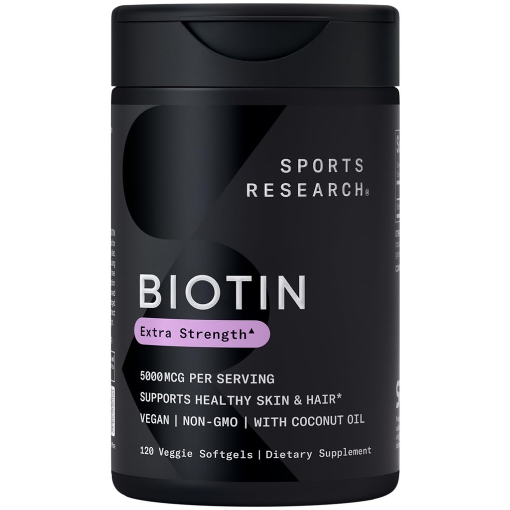 Sports Research® Biotin 5,000mcg with Organic Coconut Oil - Biotin (Vitamin B7) for Healthy Skin and Hair Support* - for Women and Men - Vegan, Non-GMO, Gluten & Soy-Free - 120 Veggie Softgels