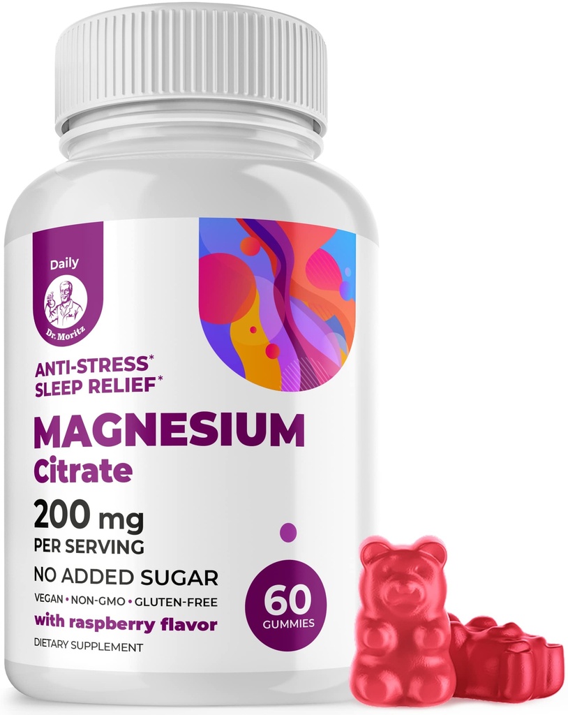 DR. MORITZ Magnesium Citrate Gummies for Adults - Sugar-Free Calm Magnesium Gummies - Supports a Healthy Stress Response - Raspberry Flavor - Non-GMO, 200 mg (60 Count)