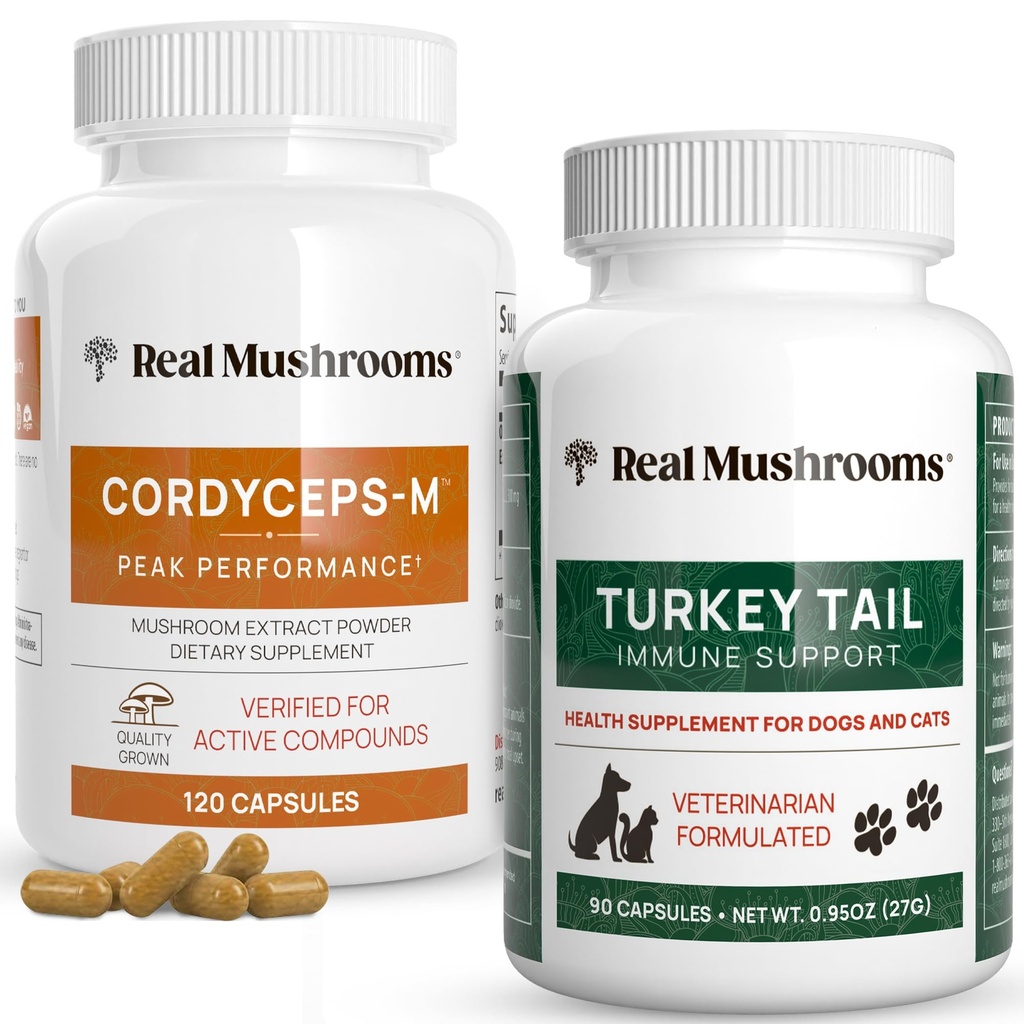 Real Mushrooms Cordyceps for Humans (120ct) & Turkey Tail for Pets (90ct) - Bundle for Energy, Vitality, and Immunity - Vegan, Non-GMO, Grain-Free, Gluten-Free Mushroom Extract Capsules