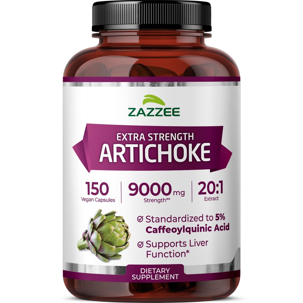Zazzee Extra Strength Artichoke 20:1 Extract, 5% Caffeoylquinic Acid, 150 Vegan Capsules, 5 Month Supply, Cynara Scolymus, Digestive & Liver Detox Support, Herbal Supplement, Non-GMO, Made in the USA