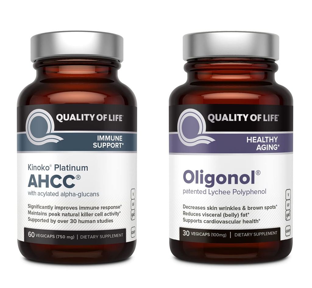 Quality of Life Kinoko Platinum AHCC 750 mg and Oligonol Lychee Extract - for Immune Support, Healthy Aging