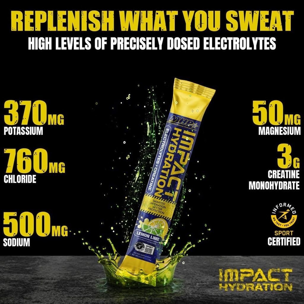 MHP Impact Hydration Electrolyte Creatine Sports Drink Stick Pack, No Artificial Sweeteners or Colors, Performance, Recovery, Lemon Lime, 14 Count