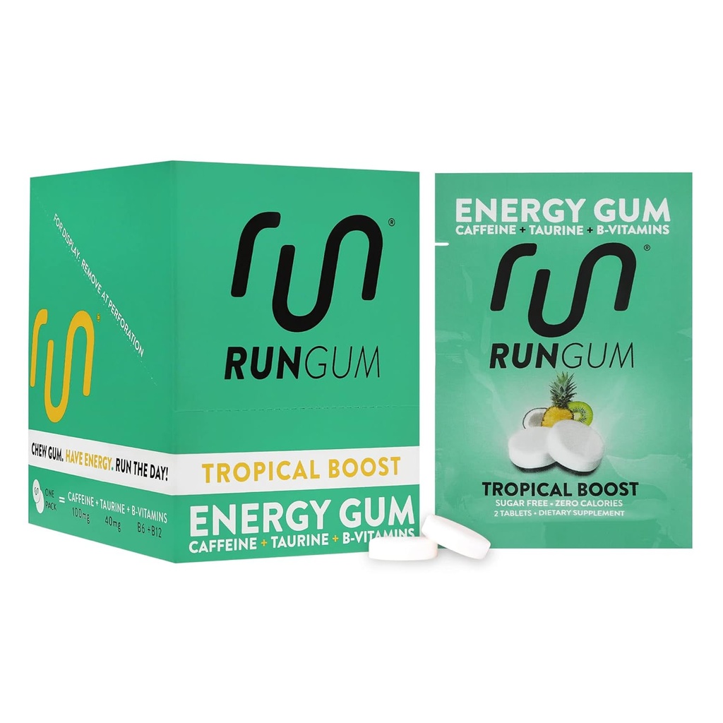 RUN GUM Tropical Boost Energy Chewing Gum 50mg Caffeine Taurine & B-Vitamins Per Piece, 24 Pieces (Pack of 12) Sugar Free, Zero Calorie, No Aspartame, and Gluten Free, 1 ea
