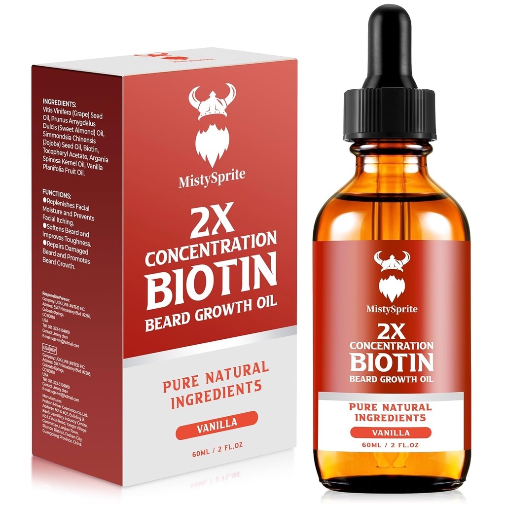 Beard Growth Oil - 2X Concentration Biotin for Men (2 oz) - Natural With Argan, Jojoba and Vitamin, Growth Softener, Moisturizer (Vanilla)