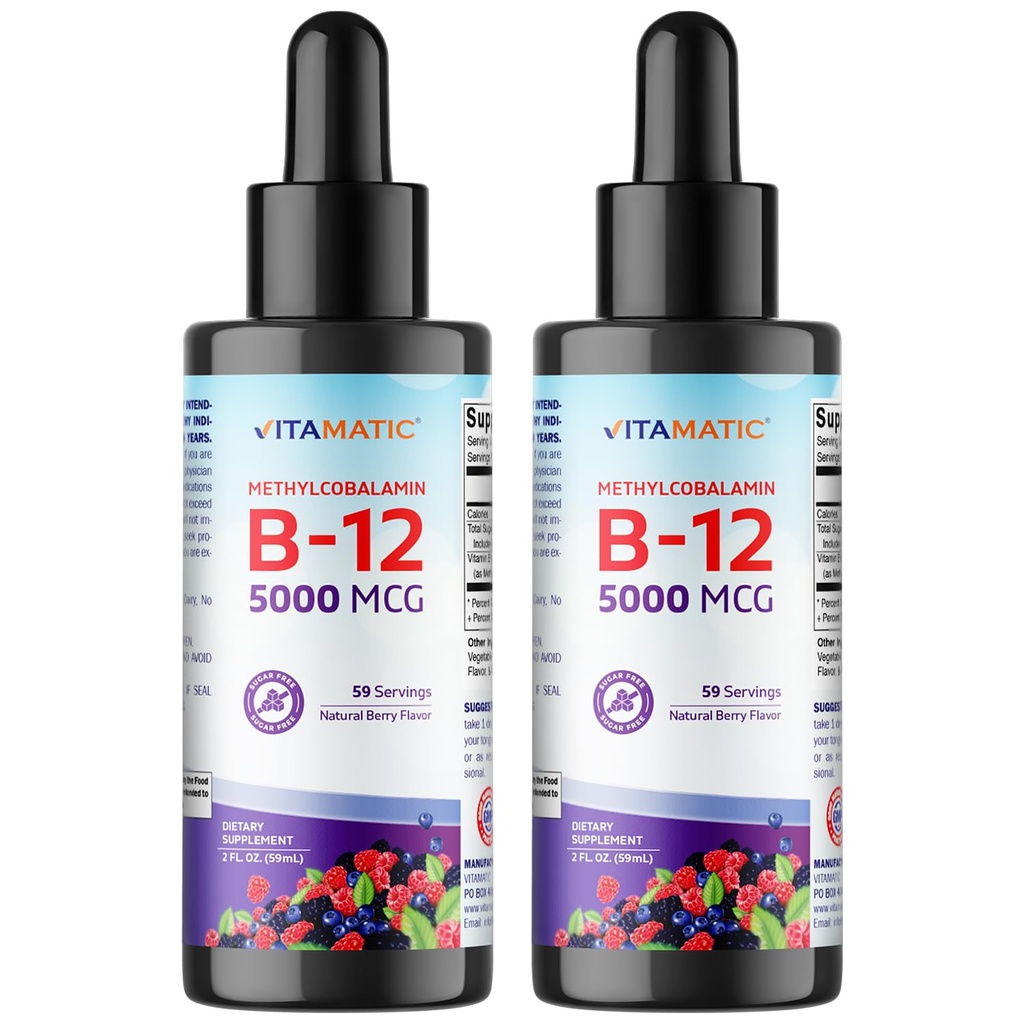 Vitamatic 2 Packs Fast Acting Liquid Vitamin B12 5000 mcg (Methylcobalamin) - Natural Berry Flavor - Sublingual Supplement - Faster Absorption - 2 OZ