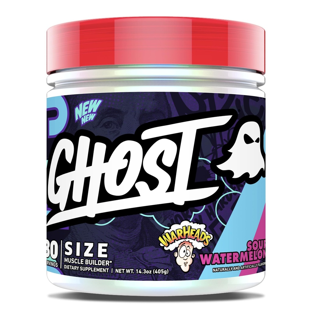 GHOST Size Muscle Builder Dietary Supplement - Warheads Sour Watermelon, 30 Servings – Support Muscle Growth & Strength Building for Men & Women - Creatine & Betaine - Free of Sugar & Gluten