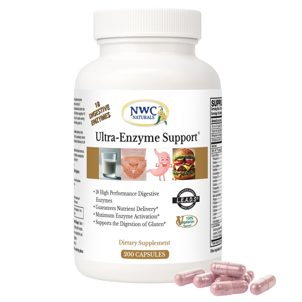 NWC Naturals Ultra-Enzyme Support, Natural Digestive Supplement, Promotes Optimal Health and Digestion, 200 count Capsules