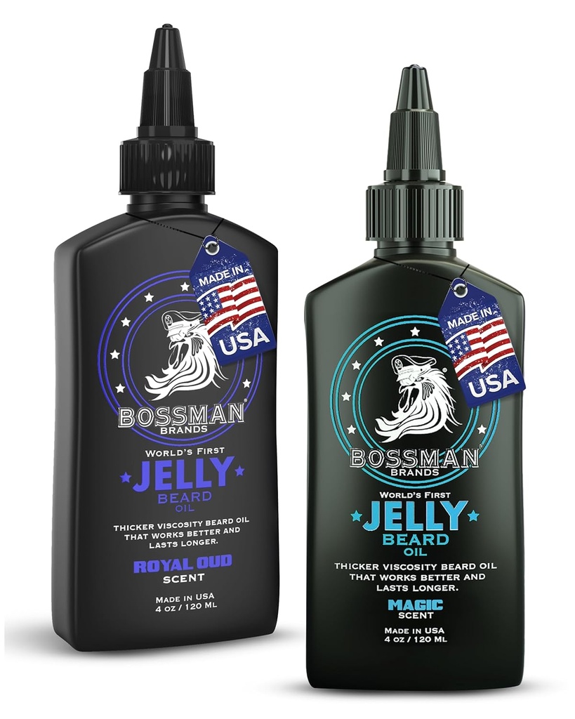 Bossman Jelly Beard Oil for Men Bundle | 2 Pack, 8 oz (Magic + Royal Oud Scents) | Softens, Moisturizes & Conditions with Natural Ingredients – Made in the USA