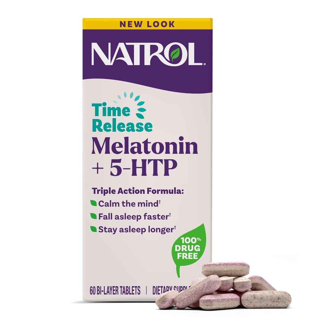 Natrol Melatonin + 5-HTP Time Release Sleep Aid, Triple Action Formula, Calm the Mind, Fall Asleep Faster and Stay Asleep Longer, 60 Bi-Layer Tablets, Up to a 60 Day Supply