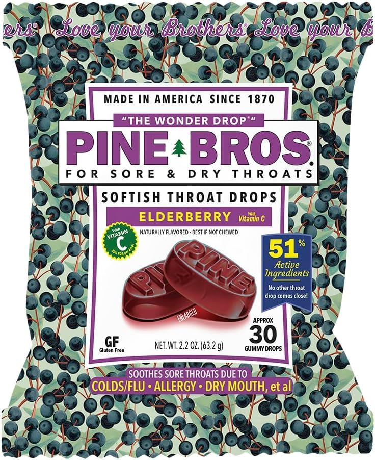 Pine Bros. Gummy Sore Throat Softish Drops 30 Count (Approx) (Pack of 1, Elderberry)