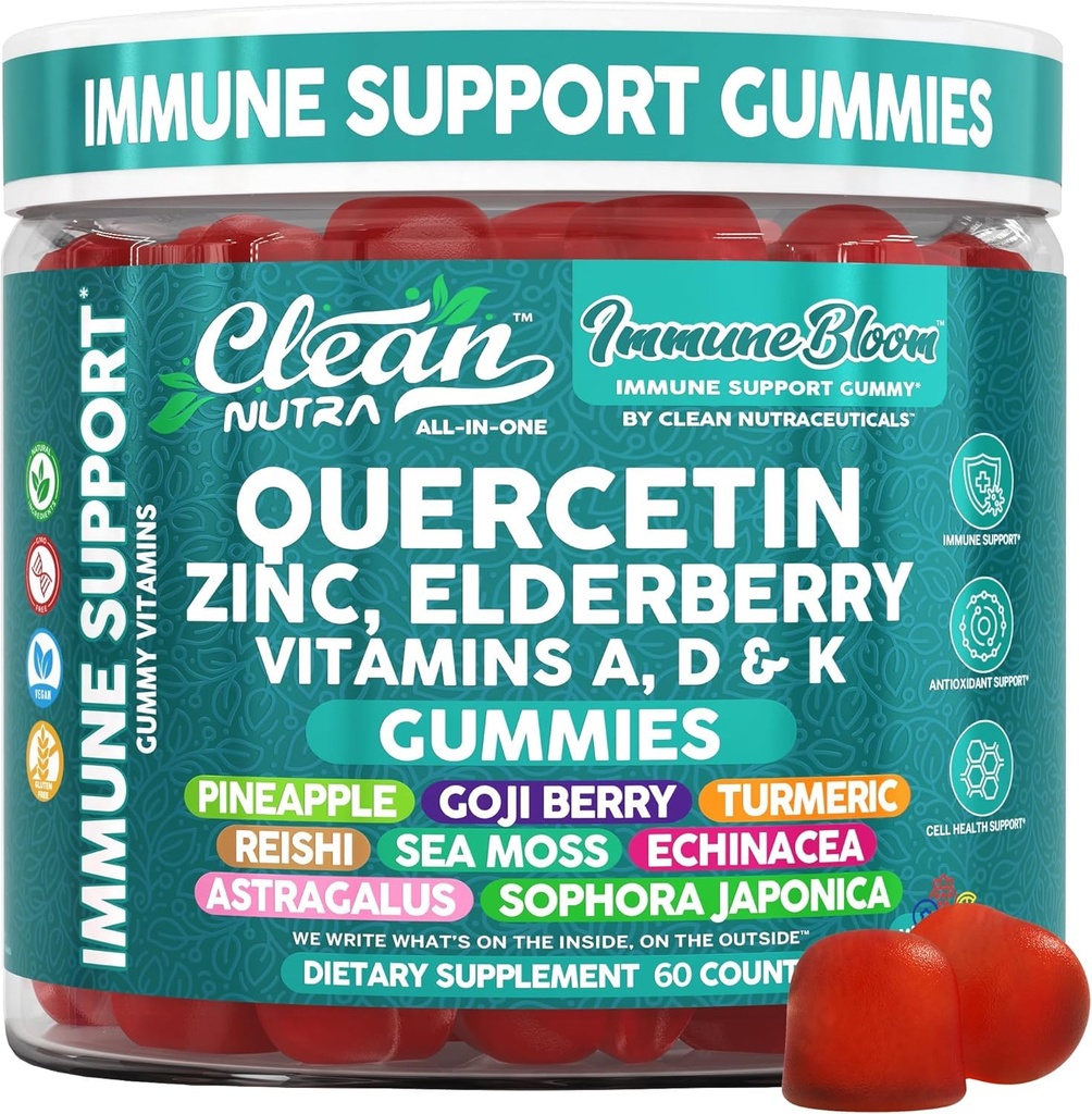 Clean Quercetin Elderberry Immune Support Gummies | Zinc Vitamin K2 D3 A Bromelain Goji Berry Turmeric Sea Moss Echinacea Astragalus Selenium Olive Leaf Immunity Supplement Gummy Vitamins