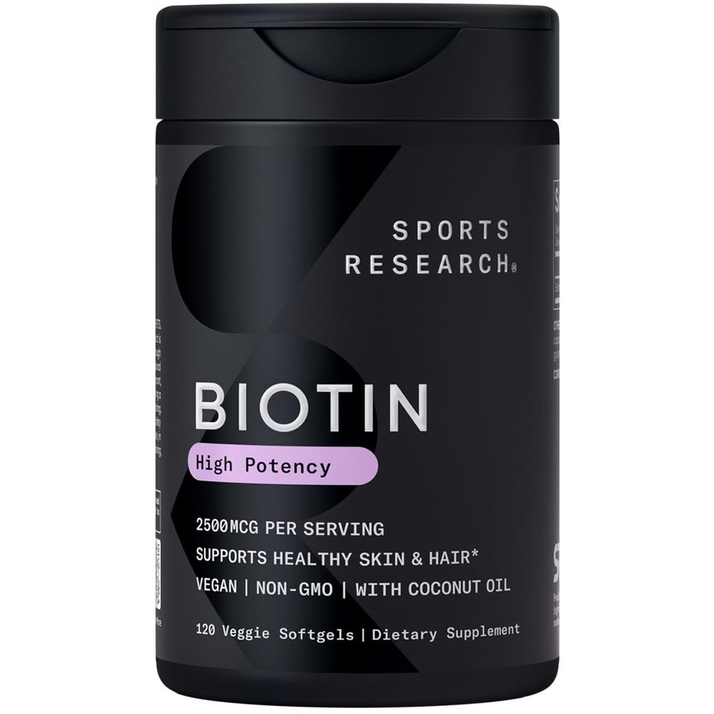 Sports Research® Biotin 2,500mcg with Organic Coconut Oil - Biotin (Vitamin B7) for Healthy Skin and Hair Support* - for Women and Men - Vegan, Non-GMO, Gluten & Soy-Free - 120 Veggie Softgels