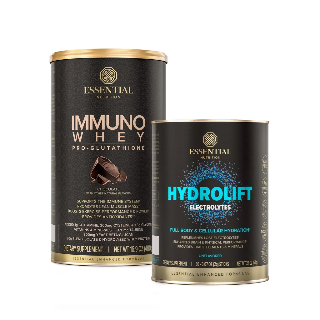 Essential Nutrition Hydrolift Electrolytes + Immuno Whey Chocolate – Powerful Hydration with Trace Minerals and Glutathione-Support Protein Formula – Keto Friendly, Sugar Free