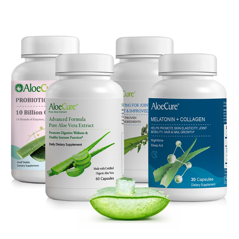 AloeCure Organic Aloe Vera Capsules Pack - 4 Pieces - Melatonin + Collagen, VeraFlex, Aloe Vera Capsules, Probiotic + Enzyme