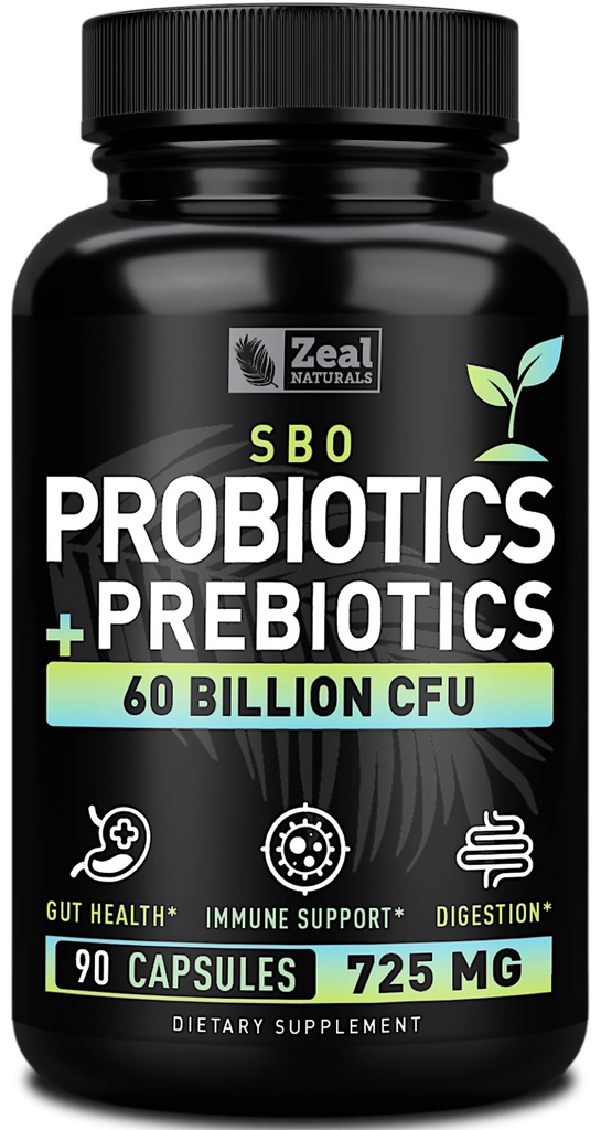 Probiotics and Prebiotics + SBO Probiotics (60 Billion CFU | 90 Capsules) Acidophilus Probiotic w. Saccharomyces Boulardii, Bifidobacterium + Spore Probiotic & Organic Sprouted Prebiotic Fiber Blend