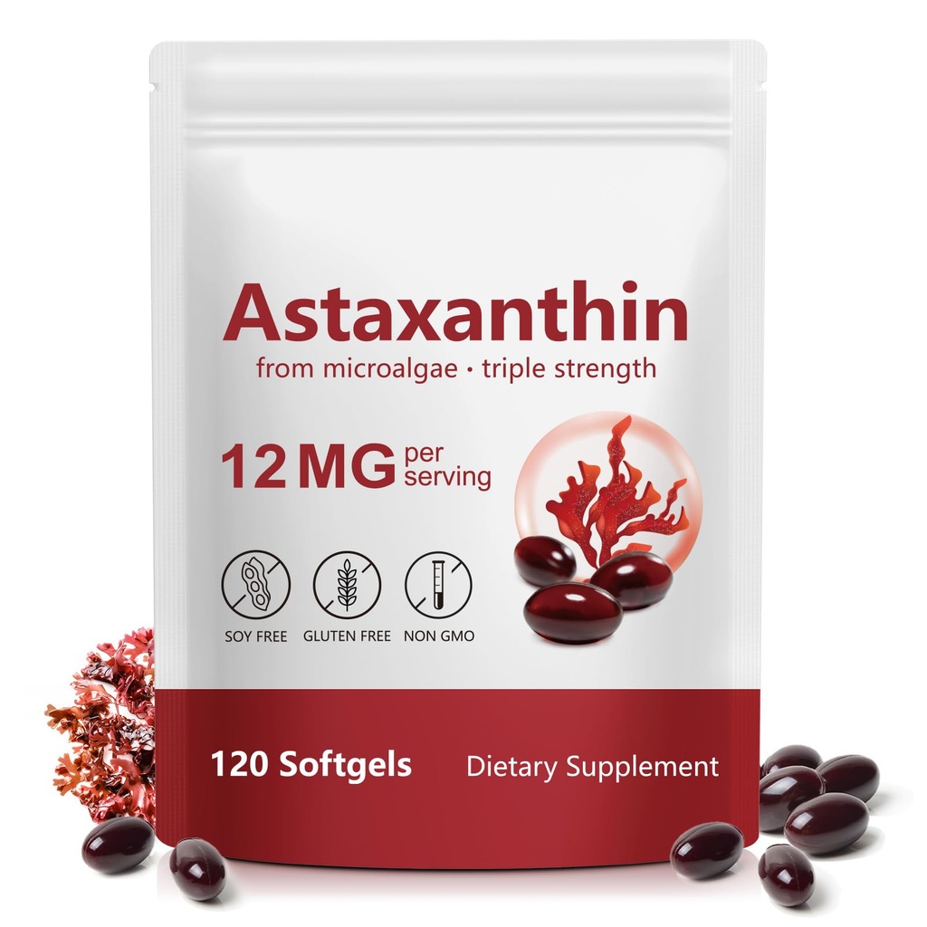 Astaxanthin Supplements 12mg 120 Softgels, Premium Astaxanthin Antioxidant Supplement, Supports Eye, Skin, Joint, Brain, Heart & Immune System Health, Fresh Microalgae Source, Non-GMO & No Gluten