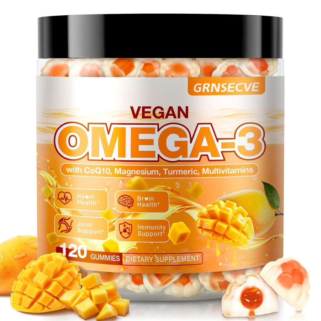 Vegan Omega-3 Gummies - Fish Oil Omega 3 Supplements Alternative for Adults - Algae DHA 600mg & EPA 400mg, Vitamin D3 K2 - No Fish Taste - for Brain, Eye, Immune Support - Sugar Free,120 Count