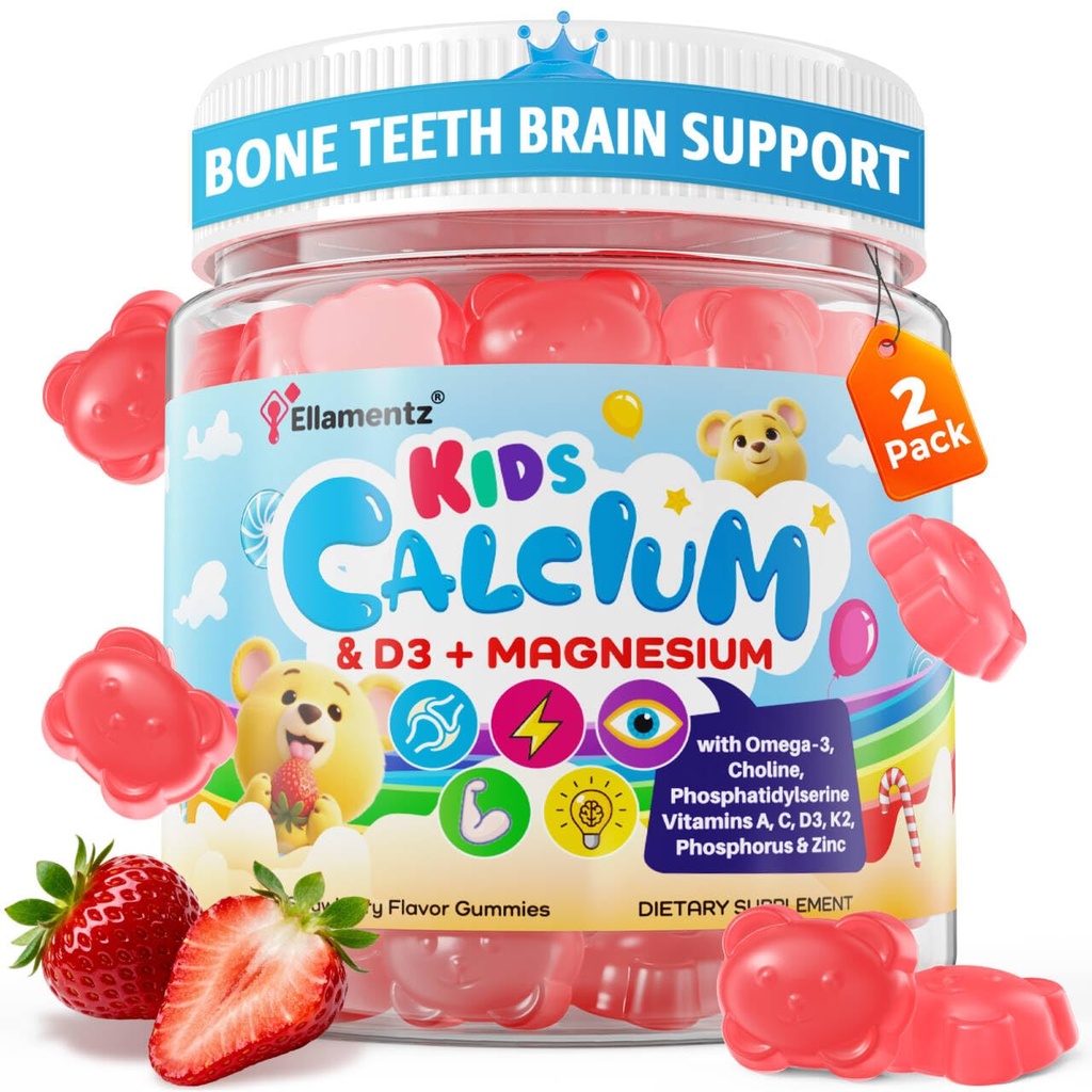Calcium Gummies + Vitamin D3 K2 & Magnesium for Kids & Teens, w/Calcium Citrate Calcium Algae Milk Calcium, Omega-3, Vitamins A, C, Choline, Zinc, Vitamins Gummies for Bone, Grôwth & Brain, 2 Pack