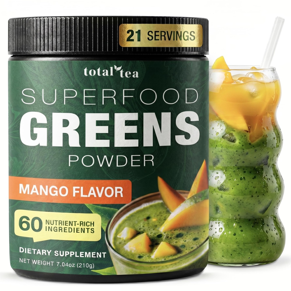 Total Tea Super Greens Powder Supplement, Greens, Fruits, Vegetables, Vegan Drink with Spirulina, Chlorella and Vitamins 25 Servings - Mango