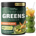 Total Tea Super Greens Powder Supplement, Greens, Fruits, Vegetables, Vegan Drink with Spirulina, Chlorella and Vitamins 25 Servings - Mango