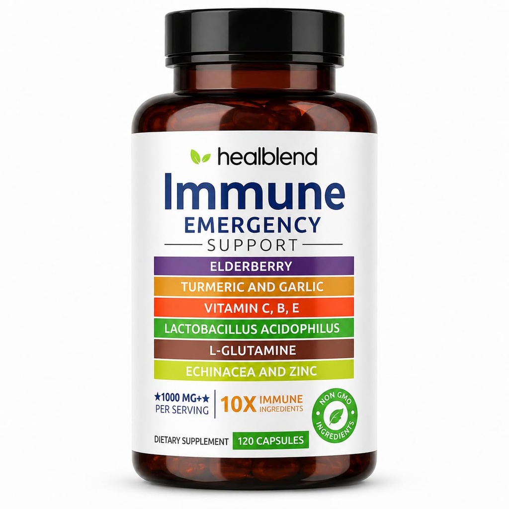 healblend 10 in 1 Immune Support Supplement Booster with Elderberry, Zinc, Echinacea, Turmeric, Lactobacillus Acidophilus, for Adults [120 Capsules]