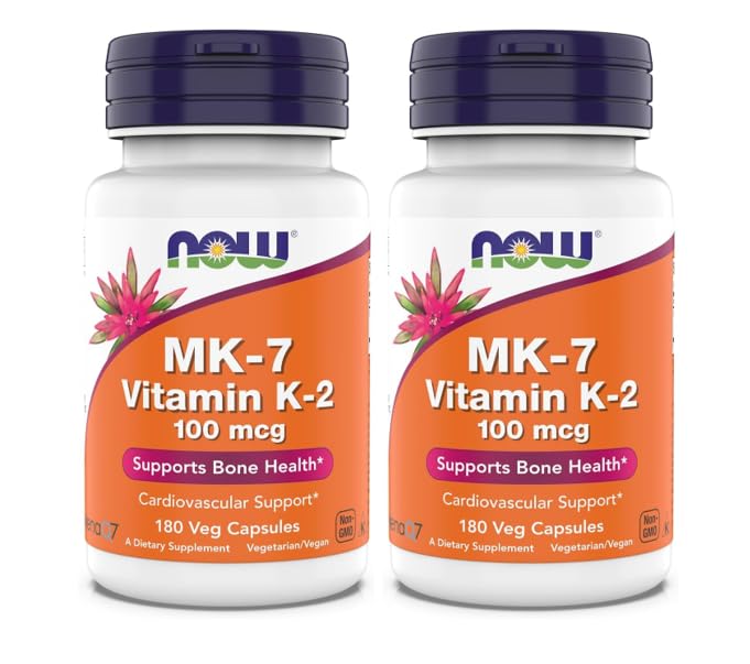 Now Supplements, MK-7 Vitamin K-2 100 mcg, Cardiovascular Support*, Supports Bone Health*, 180 Veg Capsules (Pack of 2)
