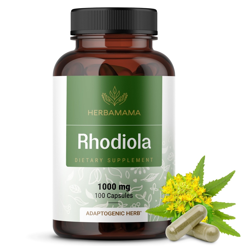 HERBAMAMA Rhodiola Rosea Supplement – Rhodiola Rosea Capsules for Stress Relief & Mental Focus Support* – 100 Vegan Capsules (50 Servings)