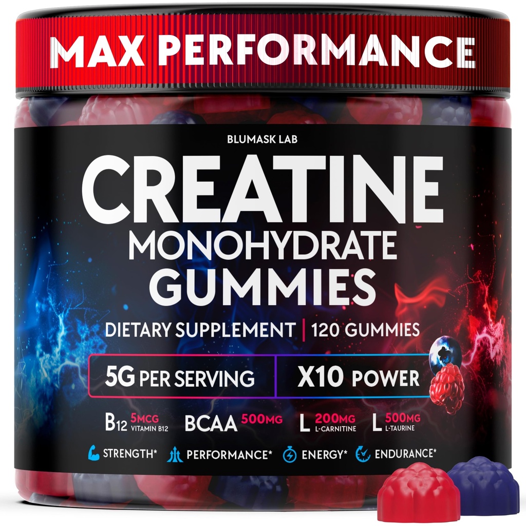 Creatine Monohydrate Gummies Complex 5000 MG for Men & Women, Preworkout Gummy with BCAA, L-Carnitine, Taurine & Vitamin B12 for Muscle Growth, Strength & Energy Support , Flavored and Chewable