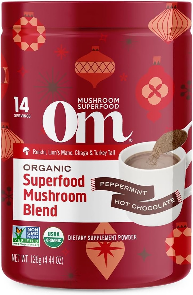Om Mushroom Superfood Peppermint Hot Chocolate Blend – Cocoa Mushroom Powder with Lion’s Mane, Reishi, Chaga & Turkey Tail – Immune Health, Focus & Stress Support – 4.44 oz Canister (14 Servings)