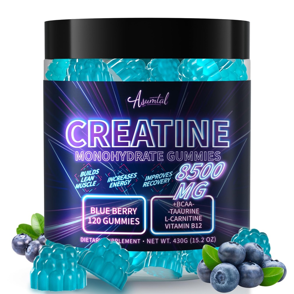 Creatine Monohydrate Gummies Complex 8500 MG for Men & Women, Creatine Monohydrate Supplement for Muscle Growth, Strength & Energy Support, Pre Workout Gummies 120 Count Blueberry