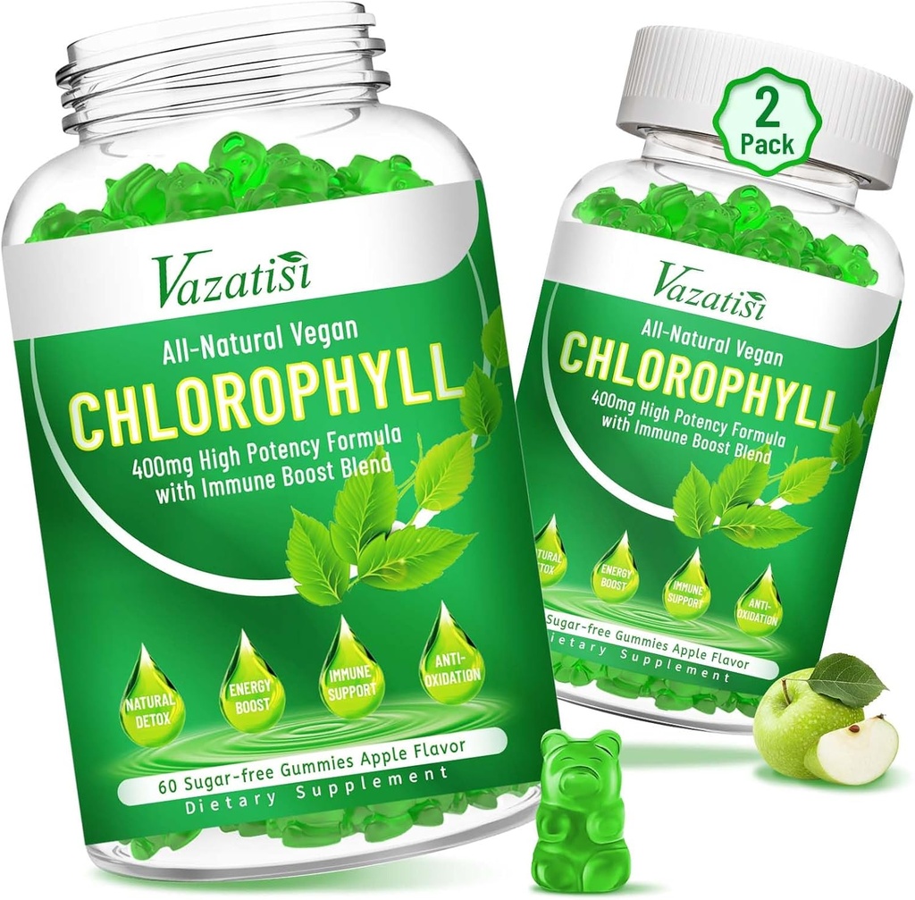 Chlorophyll Gummies - Super Green 13 in 1 with Ashwagandha Vitamin C Zinc & Copper for Body Odor, Skin Energy Immune Support Deodorant for Women - 120 Count