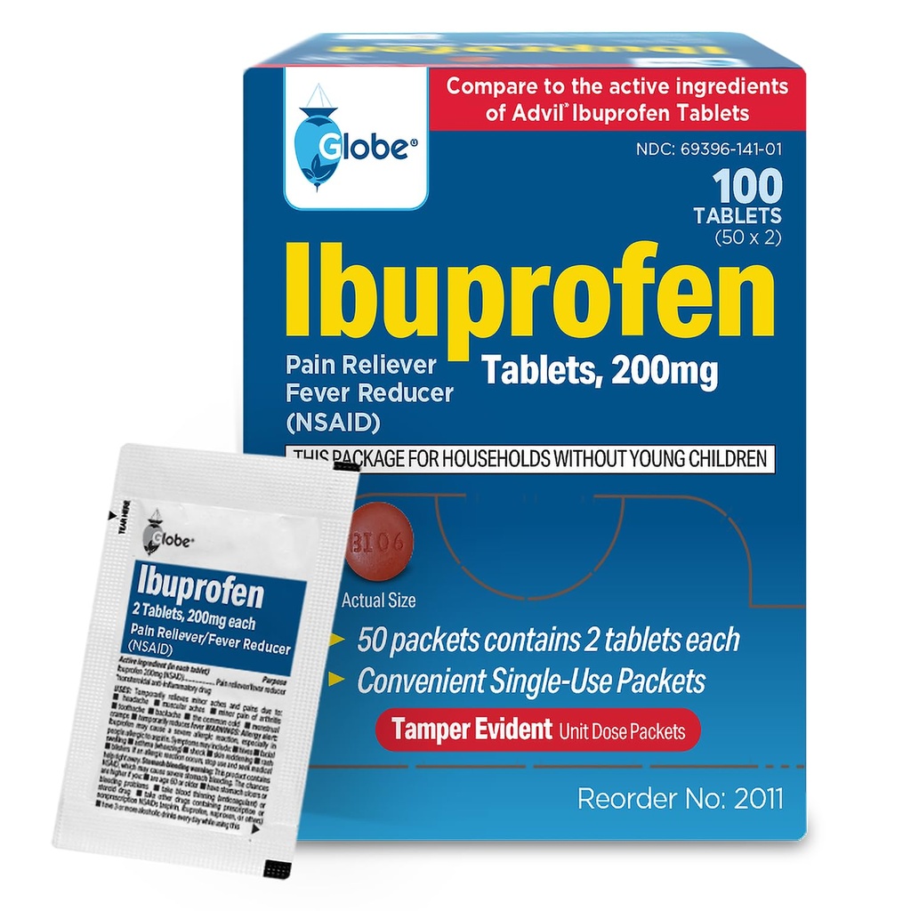 Globe Ibuprofen Tablets, 200 mg, Pain Reliever and Fever Reducer, for Headache, Muscular Aches, Arthritis, Backache and More 50 Packets of 2 Tablets Each,100 Tablets
