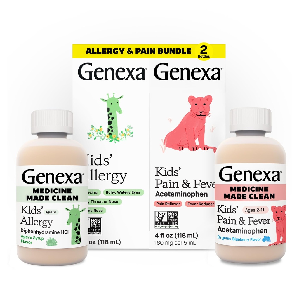 Genexa Kids' Clean Allergy & Acetaminophen Medicine Combo, Dye Free, 0% Artificial Additives, Childrens Antihistamine & Pain Reliever Fever Reducer, Ages 6-11, Organic Agave & Blueberry (2 Pack)