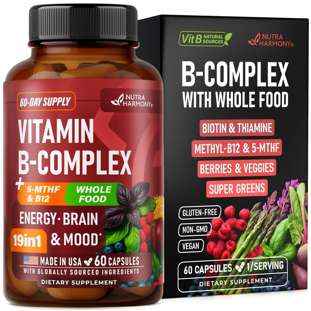 Vitamin B Complex - B1 | B2 | B3 | B5 | B6 | Biotin | B12 | 5-MTHF - Astragalus & Whole Food Blend - Energy, Metabolism & Brain - Vitamins B for Women & Men - Made in USA - 60 Capsules, 60 Days Supply