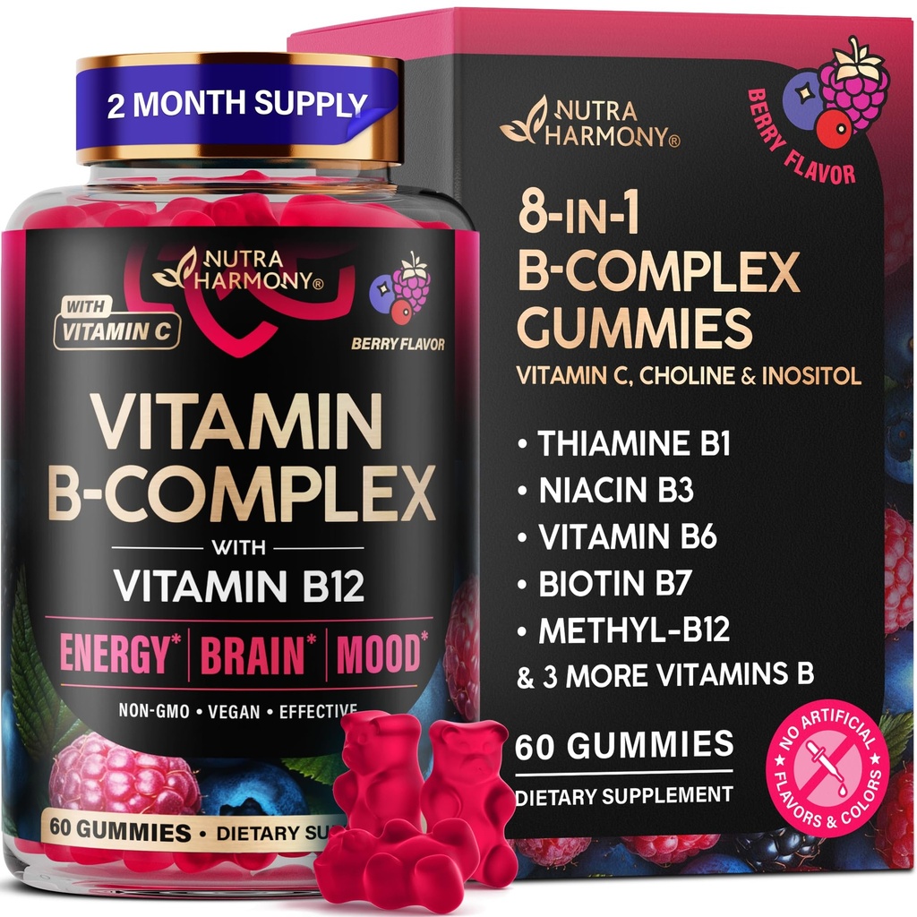 Vitamin B-Complex Gummies for Women & Men - Full B Complex & B12 - 60 Gummy