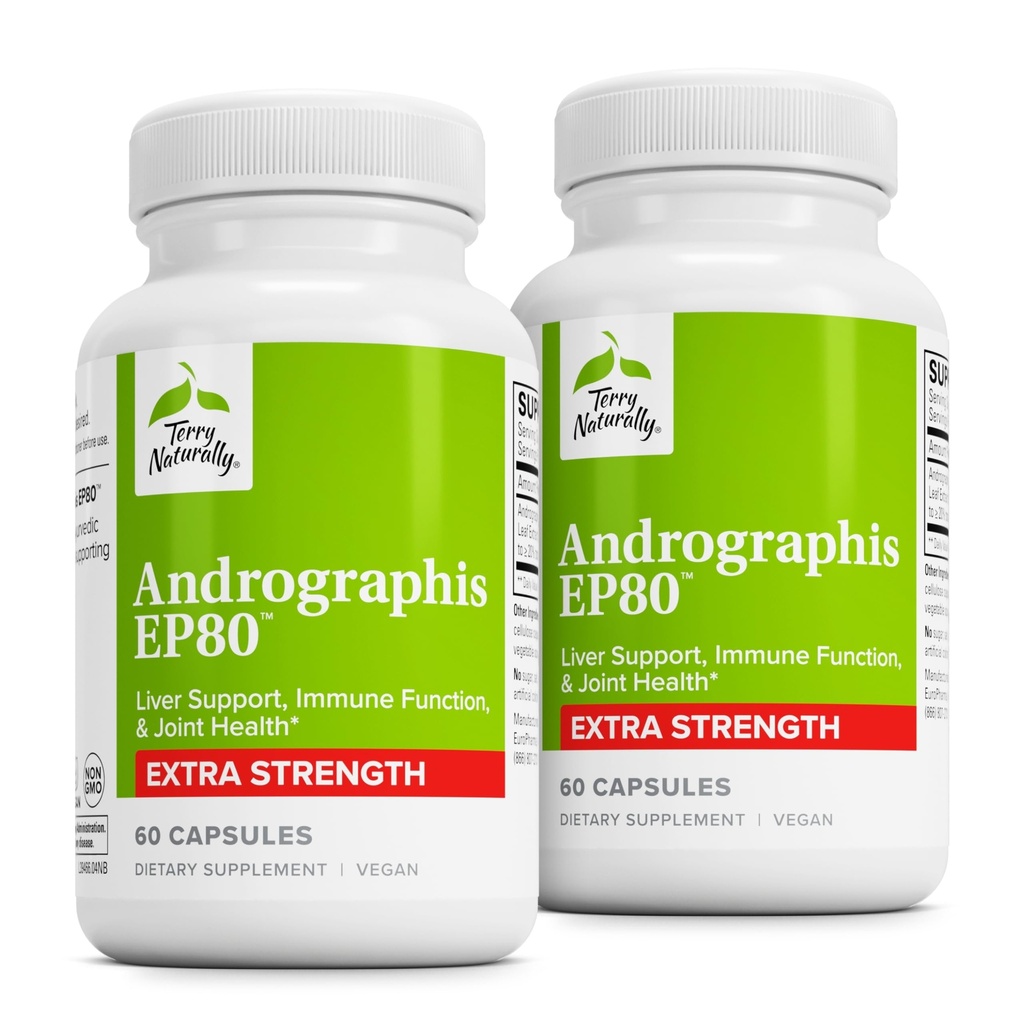 Terry Naturally Andrographis EP80 Extra Strength - Brain Health & Immune Support - Joint Health Support to Aid Mobility - Adaptogen Supplement for Energy & Liver Support - 60 Capsules (Pack of 2)