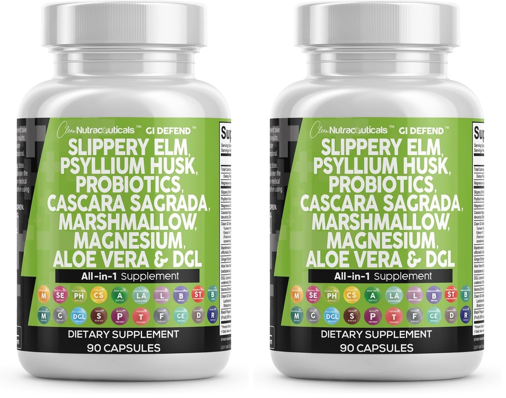 Clean Nutraceuticals Slippery Elm Psyllium Husk Pre Probiotic Digestive Gut Health Supplement with Aloe Vera Cascara Sagrada Marshmallow Root DGL Licorice Senna Extract (Pack of 2)