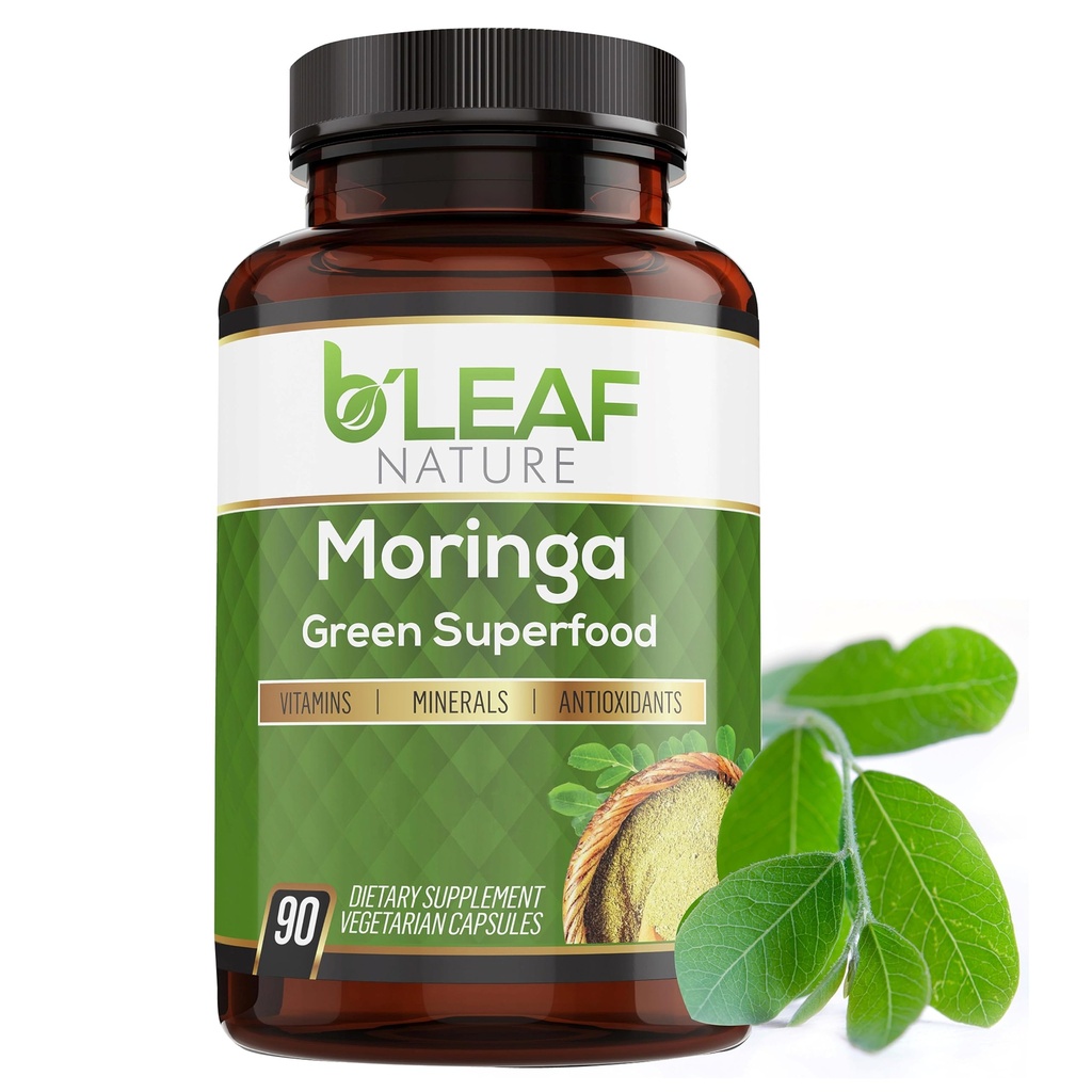 B'Leaf Nature Moringa Capsules Organic 1000mg — Pure Moringa Oleifera Leaf Powder Capsules for Energy & Immune Support | Non-GMO Gluten Free Vegan Superfood | 90 Veggie Capsules