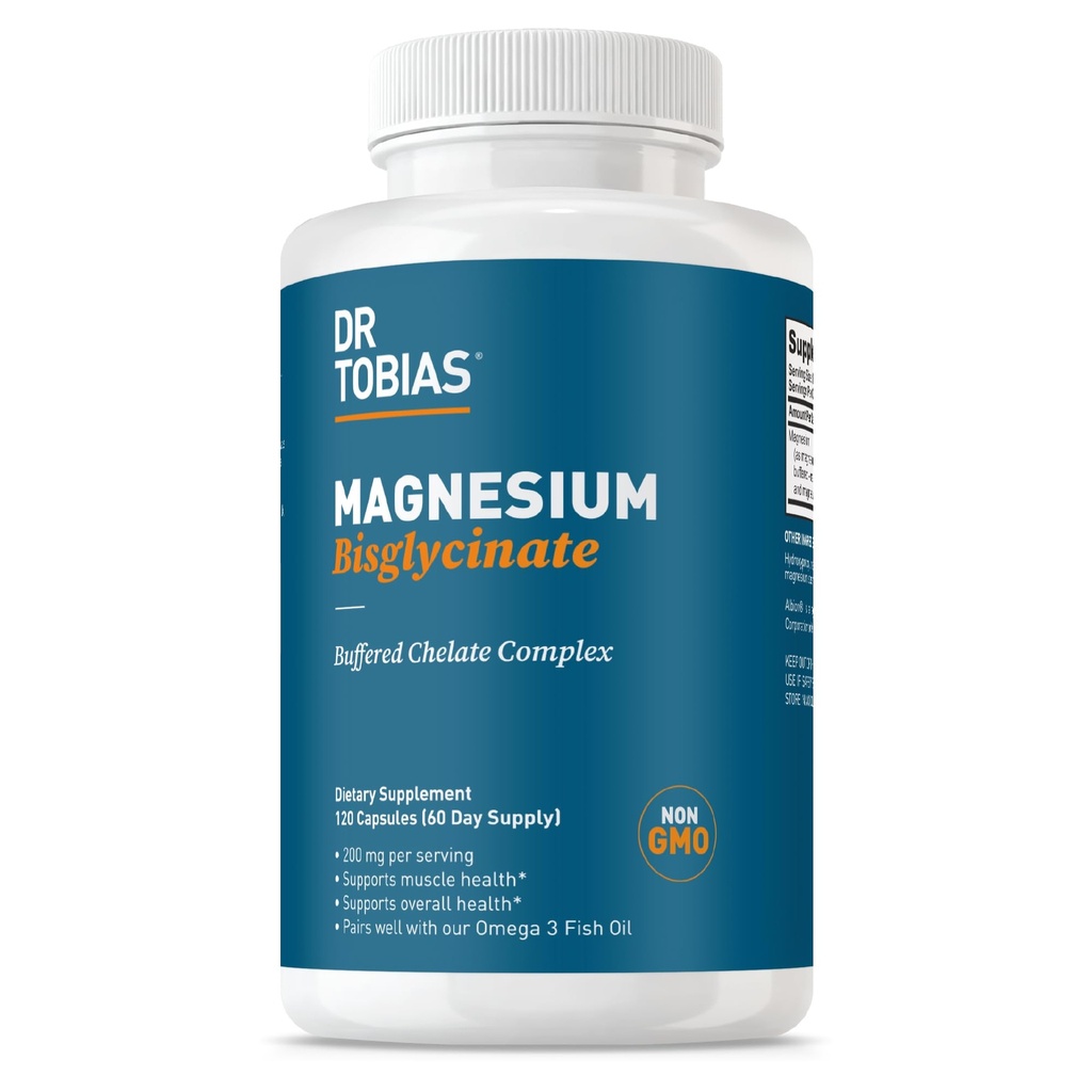 Dr. Tobias Magnesium Bisglycinate - High Absorption Magnesium Buffered Chelate Complex 200 mg per Capsule | Supports Energy, Muscle, Bone & Joint Health - Non-GMO Magnesium Supplement, 120 Capsules