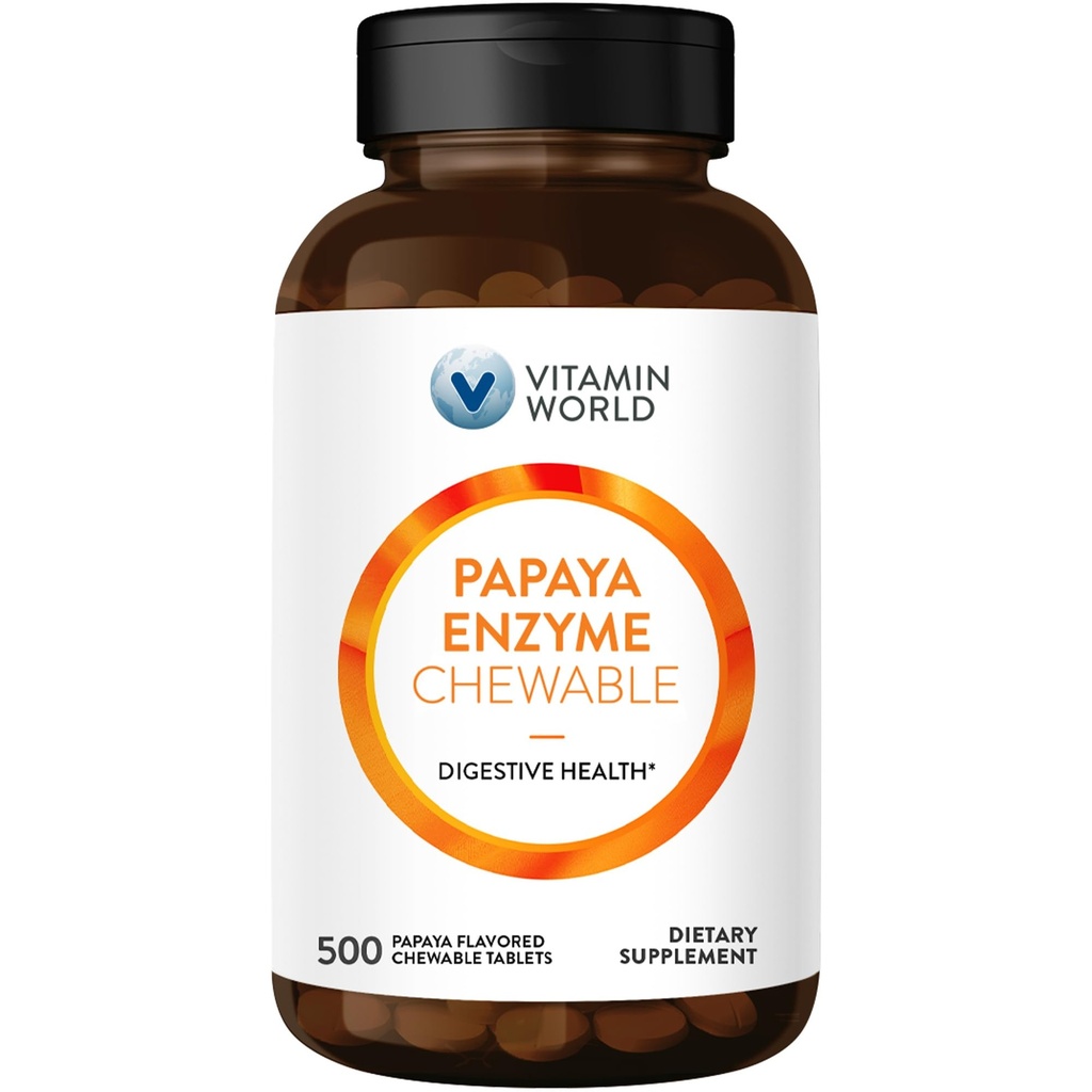 Vitamin World Papaya Enzymes Chewable 500 Tablets - Papain, Amylase & Protease for Digestion & Nutrient Absorption, Papaya Flavor, Gluten Free