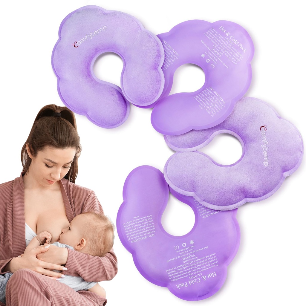 Comfytemp Breast Ice Packs, FSA Eligible HSA, Breastfeeding Therapy Packs, Larger Dual-Sided Hot & Cold Breast Gel Ice Pads, Reusable Nursing Pads Breastfeeding Postpartum Essentials, 4Pack
