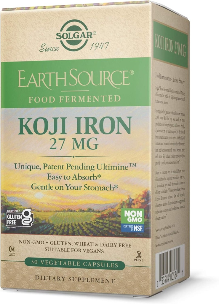 Solgar Earth Source Food Fermented Koji Iron 27mg, 30 Vegetable Capsules - Higher Absorption, Slow-Release Iron - Gentle on The Stomach - Non-GMO, Vegan, Gluten Free, Dairy Free, Kosher - 30 Servings