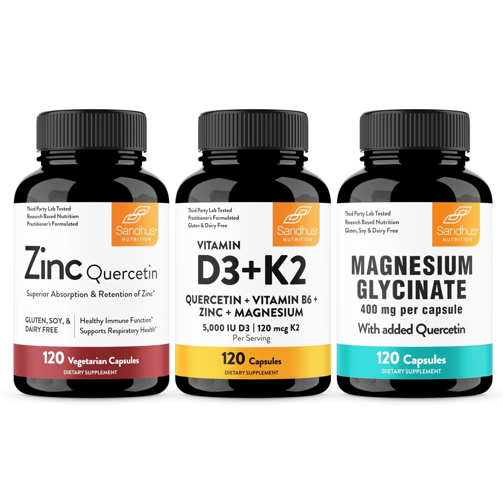 Sandhu's Zinc Quercetin Bundle with Magnesium Glycinate & Vitamin D3 K2 5000 IU Capsules (120 Count Each) | for Men & Women