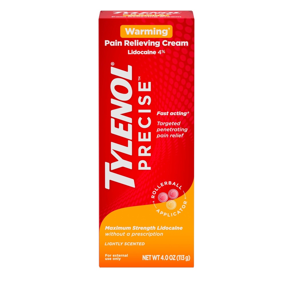 Tylenol Precise Warming Pain Reliever Cream, Maximum Strength 4% Lidocaine Warming Pain Cream for Back, Knee & Joint Pain, Fast-Acting, Penetrating Pain Relief Cream, Light Scent, 4 oz