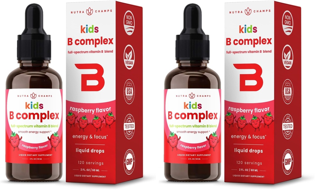 NutraChamps Vitamin B Complex for Kids, B1, B2, B3, B6, B7, B9 & Methyl B12, Kids B Complex Liquid Drops Supplement, Energy, Focus, Metabolism, Natural Berry, 120 Servings, 4 Month Supply (Pack of 2)
