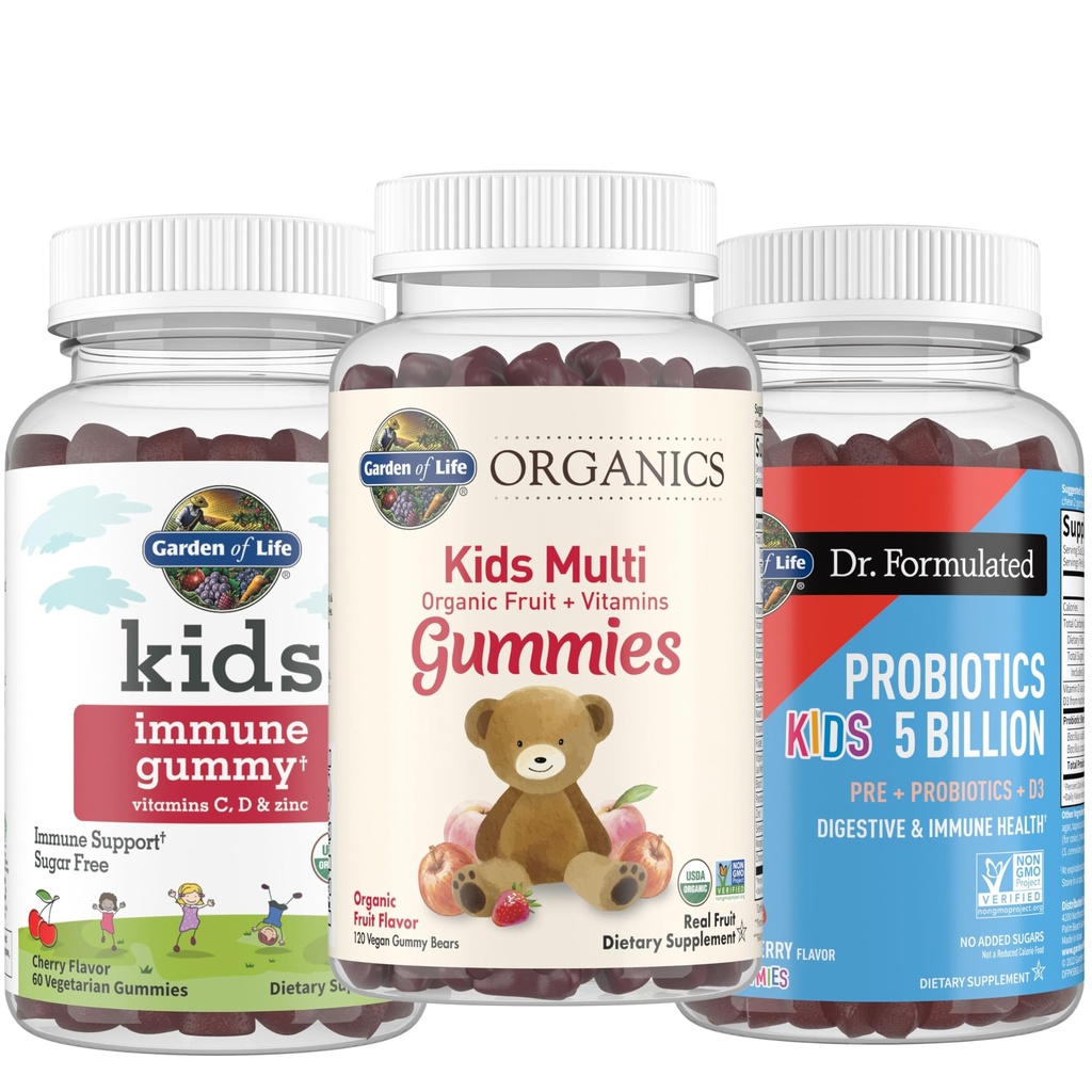 Garden of Life Kids Gummies Bundle: Organics Kids Multivitamin – Fruit, 120 Count + Kids Immune Gummy – Cherry, 60ct + Dr. Formulated Kids Probiotic 5 Billion CFU & D3 – Strawberry, 60 Gummies