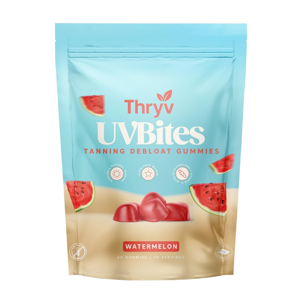 UVBites - Tanning Gummies - Self Tan Supplement - Tanning Pill - Fast Acting & Debloating Melanin Supplement with Beta Carotene, Astaxanthin, Niacinamide - Glow Up Skin (60 Count, Watermelon)