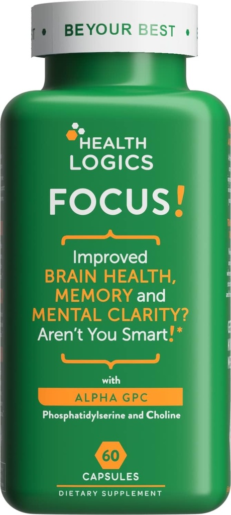 Health Logics Focus! - Brain Supplement for Memory, Clarity, Concentration with Choline, Ginkgo Biloba, Alpha GPC, Phosphatidylserine, Bacopa Monnieri l 60 Capsules l Non-GMO
