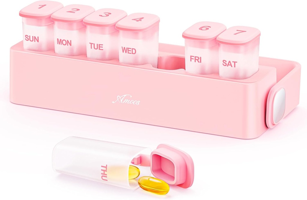Weekly Pill Organizer with Locking Mechanism, Travel Damp-Proof Pill Box Case 7 Day to Hold Vitamins, Fish Oils, Supplements, Transparent Inner Medication Organizer for Pocket, Purse, BPA-Free