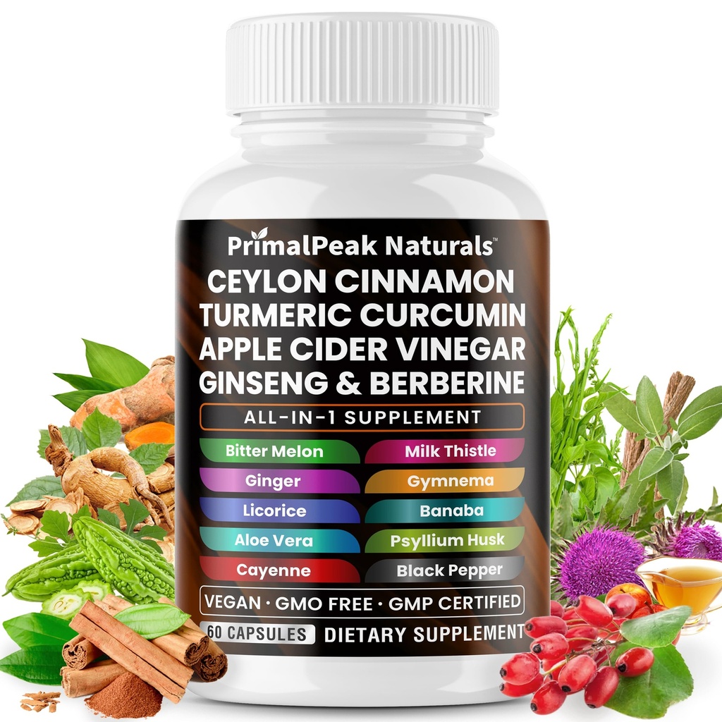 Ceylon Cinnamon Apple Cider Vinegar Turmeric Curcumin Panax Ginseng Berberine with Bitter Melon Banaba Milk Thistle Gymnema Sylvestre 60 Vegan Capsules